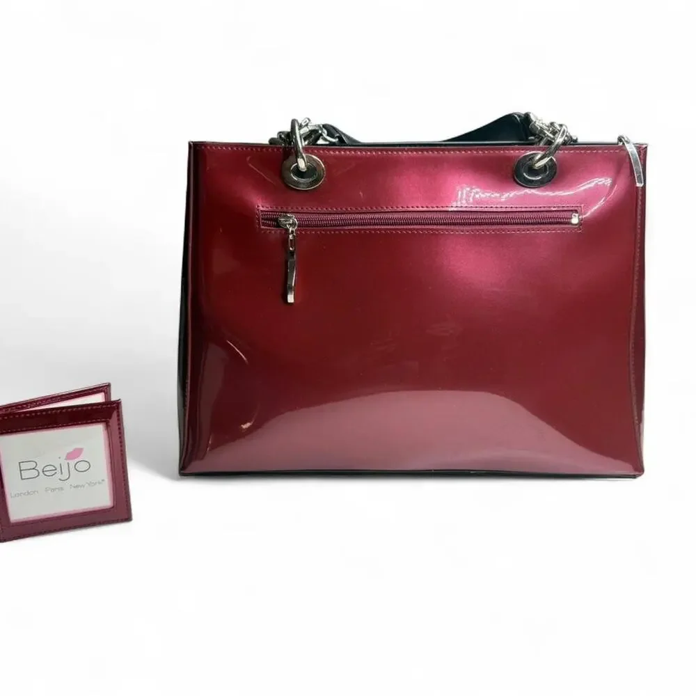 Beijo Glossy Burgundy Tote Bag | Patent Leather Look |‎ Chic Shoulder Bag